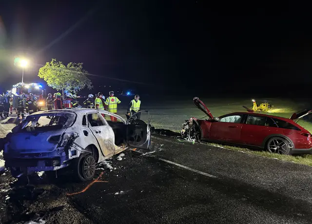 Die Einsatzkräfte von Feuerwehr, Rettung und Polizei standen nach dem schweren Frontalzusammenstoß auf der L4024 stundenlang im Großeinsatz. | Foto: BFKDO BADEN / Stefan Schneider