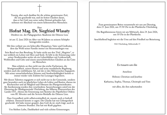 Am 24. Juni wird die Begräbnismesse für Siegfried Wlasaty gefeiert.  | Foto: Bestatter