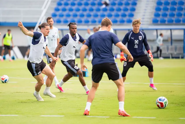 v. l.: Marcel Sabitzer, Carney Chukwuemeka, Alexander Prass und Patrick Pentz beim Abschlusstraining. | Foto: APA-Images / APA / GEORG HOCHMUTH