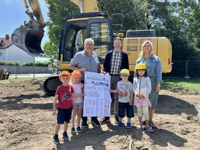Roman Kadanka, Rainer Handlfinger und Kindergartenleiterin Romana Franta mit Kindergartenkinder auf der Baustelle. | Foto: Tanja Handlfinger