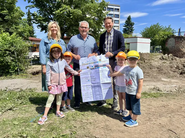 Kindergartenleiterin Romana Franta, Roman Kadanka, Rainer Handlfinger mit Kindergartenkindern auf der Baustelle. | Foto: Tanja Handlfinger