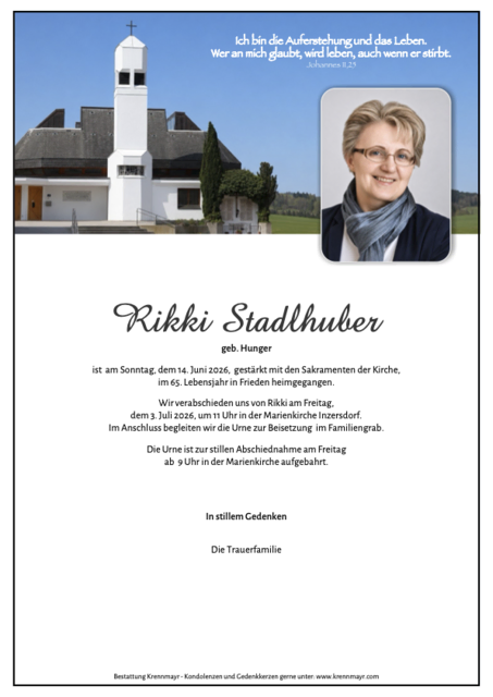 Rikki Stadlhuber ✝︎ 14.06.2026 | Foto: Bestattung Krennmayr
