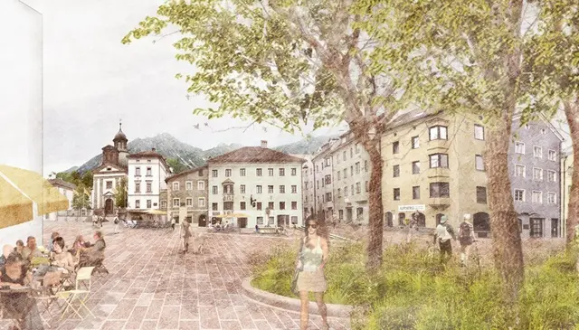 So hätte das Mariahilfplatzerl aussehen können. Aktueller Stand: "Durch die Auswirkungen der Klimaentwicklung in den letzten Jahren entspricht das damalige Siegerprojekt nicht mehr den Zielsetzungen der Stadt Innsbruck bei der Neugestaltung öffentlicher Räume." | Foto: IKM