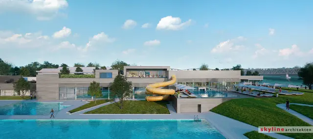 Blick auf die Poollandschaft und den Panoramagarten im neuen Mirador | Foto: skyline Architekten