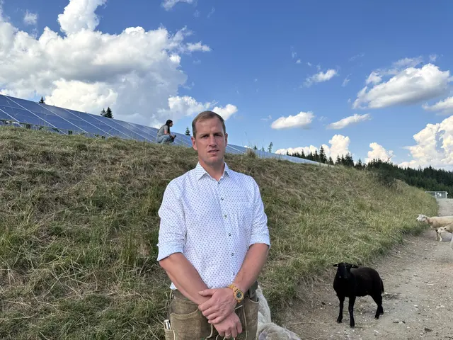 Mann und Schaf stehen vor einer Solaranlage
