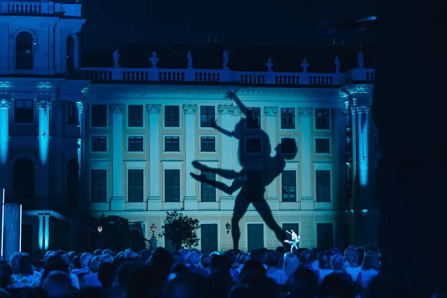 Zu den Klängen von Maurice Ravels Zweiter Suite zu Daphnis und Chloé erweckten Tänzerinnen und Tänzer des Wiener Staatsballetts die Erzählung der beiden Findelkinder Daphnis und Chloe zum Leben und machten diese als ‚Schattenwesen‘ auf der Schlossfassade sichtbar. | Foto: Wiener Philharmoniker / Niklas Schnaubelt