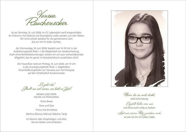 Vanessa Rauchenecker, Aurolzmünster, verstorben am 14. Juni, im 27. Lebensjahr.