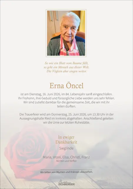 Erna Öncel, Ried, verstorben am 16. Juni, im 84. Lebensjahr. | Foto: Sieglinde Reinthaler