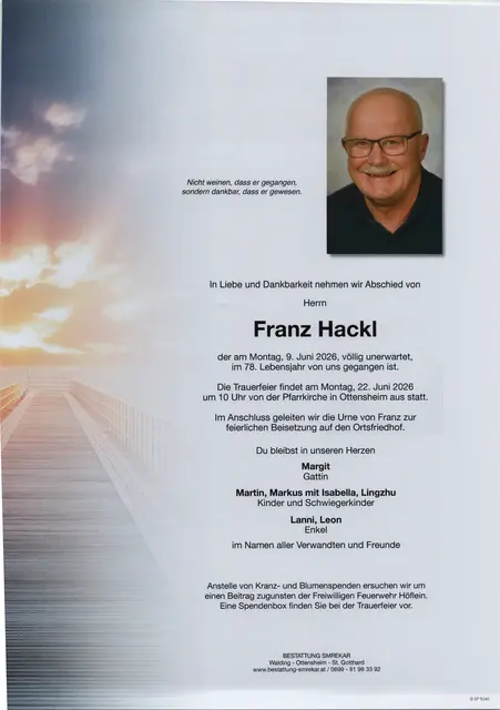 Franz Hackl aus Ottensheim, ✝︎ 77 Jahre | Foto: Bestattung Smrekar