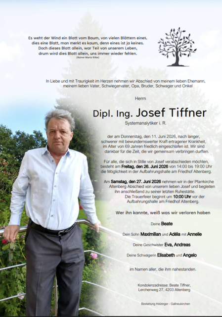 Josef Tiffner aus Altenberg, ✝︎ 69 Jahre | Foto: Bestattung Holzinger