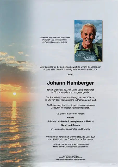 Johann Hamberger aus Puchenau, ✝︎ 67 Jahre | Foto: Bestattung Smrekar