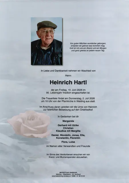 Heinrich Hartl aus Walding, ✝︎ 89 Jahre | Foto: Bestattung Smrekar