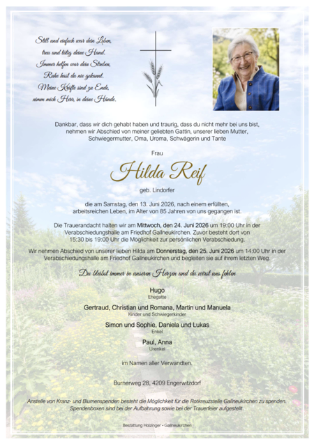 Hilda Reif aus Engerwitzdorf, ✝︎ 85 Jahre | Foto: Bestattung Holzinger