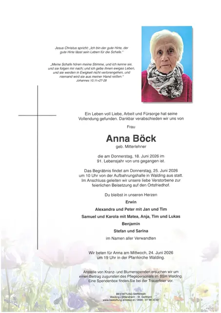 Anna Böck aus Walding, ✝︎ 90 Jahre | Foto: Bestattung Smrekar