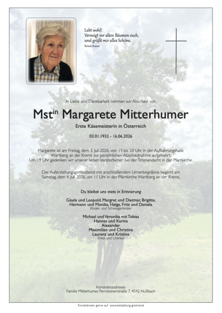 Margarete Mitterhumer ✝︎ 16.06.2026 | Foto: Bestattung Greimel