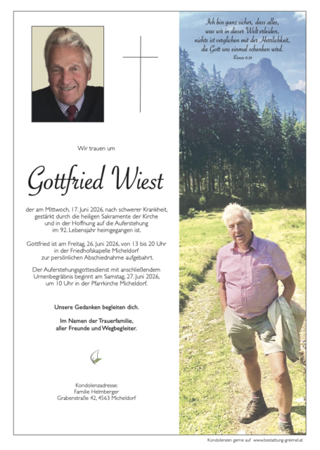 Gottfried Wiest ✝︎ 17.06.2026 | Foto: Bestattung Greimel