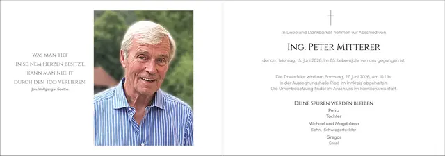 Peter Mitterer, Tumeltsham, verstorben am 15. Juni, im 85. Lebensjahr.
