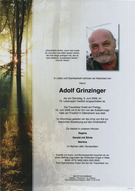 Adolf Grinzinger aus Ottensheim, ✝︎ 74 Jahre | Foto: Bestattung Smrekar