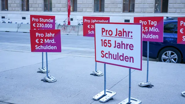 Mit der Schilder-Aktion wollte die Volkspartei ihre Kritik an der Finanzpolitik der Stadtregierung unmittelbar vor Beginn der Gemeinderatsdebatte unterstreichen. | Foto: Andreas Pölzl/MeinBezirk