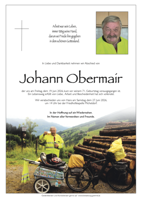 Johann Obermair ✝︎ 19.06.2026 | Foto: Bestattung Greimel
