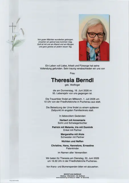 Theresia Berndl aus Puchenau, ✝︎ 94 Jahre | Foto: Bestattung Smrekar