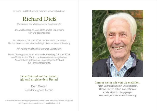 Richard Dieß, Aurolzmünster, verstorben am 16. Juni, im 93. Lebensjahr. | Foto: Sonja Dieß-Marshall