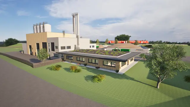 So soll das neue Biomasseheizwerk mitsamt Bürogebäude in der Krottendorfer Straße ab Herbst 2026 aussehen. | Foto: Ringhofer &amp; Partner GmbH