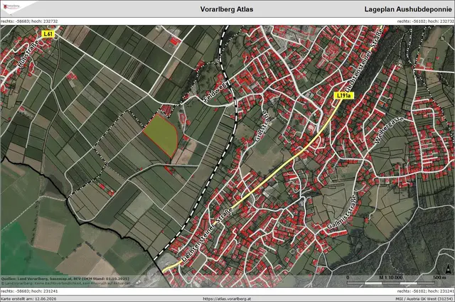 Lageplan der geplanten Aushubdeponie (hellgrüne Fläche)im Ried Tisis/Tosters. | Foto: BH Feldkirch/Vorarlberg Atlas
