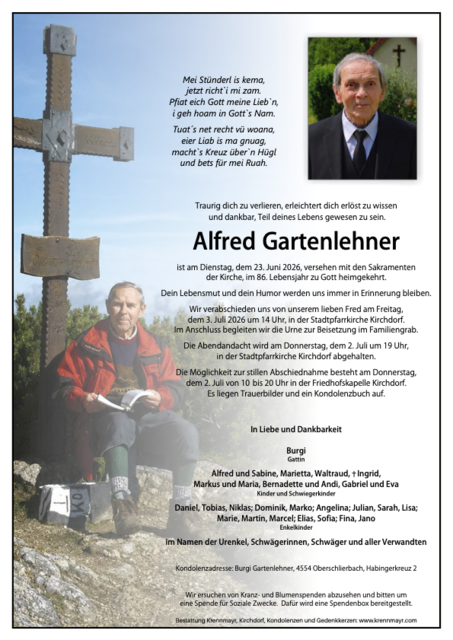 Alfred Gartenlehner ✝︎ 23.06.2026 | Foto: Bestattung Krennmayr
