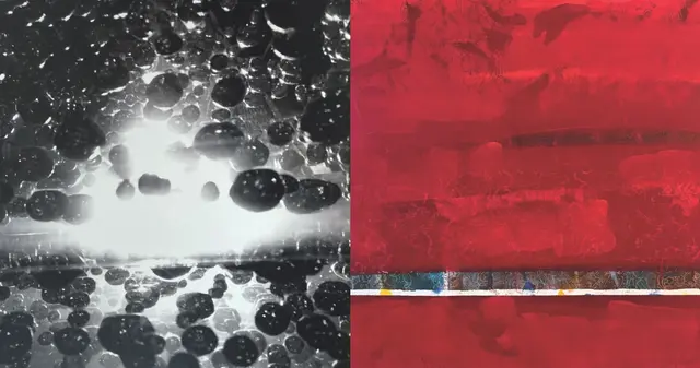 Links: Viviana Kljun "Flug in das Licht/polet v svetlobo/vollo nella luce", Fotoprint auf Leinwand, 2026
Rechts: Helmut Blažej "Im Hintergrund/v ozadju/sullo sfondo", Acryl auf Holz, 2025 | Foto: Galerie Vorspann