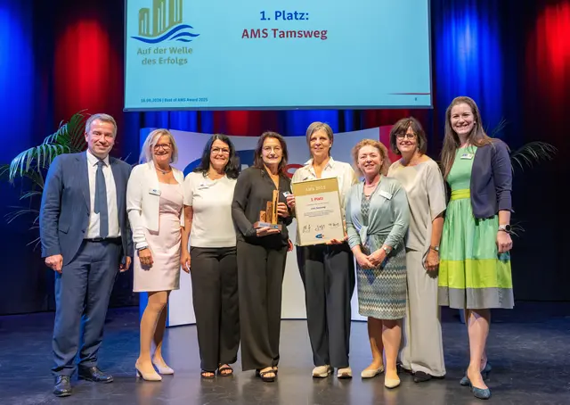 Die Lungauer Delegation bei der Preisverleihung (v.l.): AMS-Vorstand Dr. Johannes Kopf, Waltraud Loidl, Monika Mayr, Mag.a Christine Schultes (Leitern des AMS Tamsweg), Christina Schlick, Mag.a Sabine Putz (Abteilungsleitung - Arbeitsmarktforschung und Berufsinformation, Bundesgeschäftsstelle), AMS-Vorständin Mag.a Petra Draxl und AMS-Landesgeschäftsführerin Julia Kröll | Foto: AMS/Frank Helmrich