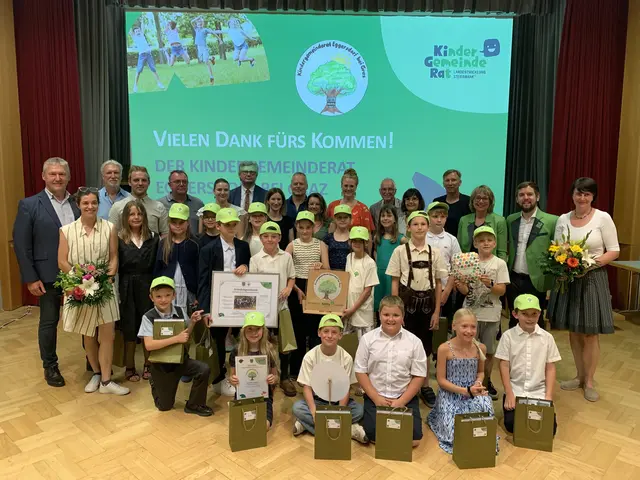 Der Kindergemeinderat mit Projektbegleitern, Gratulanten und den Gemeindevertretern | Foto: Gemeinde Eggersdorf 