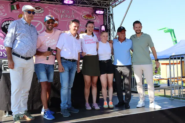 V.r.: LR Sebastian Schuschnig, Finkensteins Bürgermeister Christian Poglitsch, Skirennläuferin Kathi Truppe, ROSA200-Organisatorin Lissi Mikl, Bürgermeisterstellvertreter Karl Zussner, Moderator Mario Herrmann und Georg Overs, GF Region Villach | Foto: MeinBezirk.at/Chiara Kresse