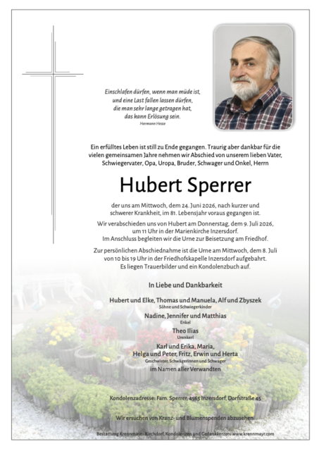 Hubert Sperrer  ✝︎ 24.06.2026 | Foto: Bestattung Krennmayr
