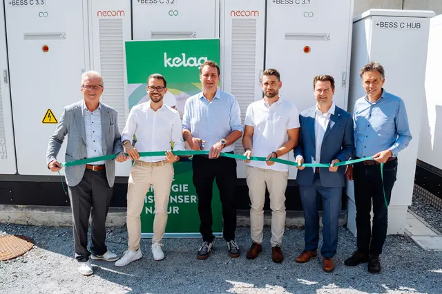 v.l.n.r.: Reinhard Antolitsch (Bürgermeister Marktgemeinde Arnoldstein), Sebastian Schuschnig (Landesrat für Energie und Energieförderung), Reinhard Draxler (Kelag-Vorstand), Philipp Lobnig (CFO von neoom), Thomas Eiper (ANDRITZ-Projektleiter) und Christian Rupp (Kelag Leitung Erzeugung/Technische Services)  | Foto: Kelag