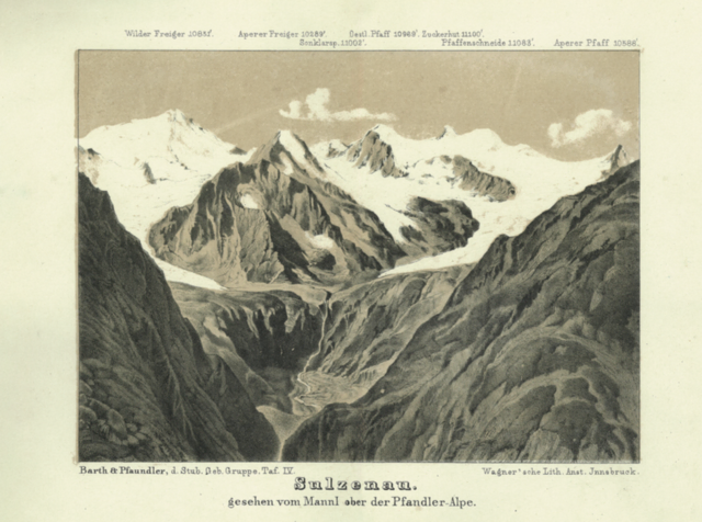 Der TVB Stubai überreichte der Sektion Leipzig eine Zeichnung der Sulzenau von Robert von Hörmann aus dem Jahr 1865. Sie stammt aus dem ersten Führer über die Stubaier Alpen von Leopold Pfaundler und Ludwig Barth bzw. aus der Sammlung von Luis Töchterle. | Foto: Sulzenauhütte