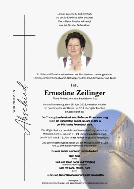Ernestine Zeilinger ✝︎ 25.06.2026 | Foto: Bestattung Prielinger