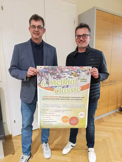 Gemeinderat Manfred Fichtinger und Bürgermeister Hans-Jürgen Resel (ÖVP) freuen sich bereits auf die sechste Melktal Classic. | Foto: Marktgemeinde St. Leonhard am Forst