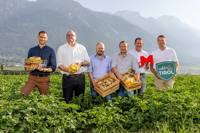 Gruppenfoto v.l.: Matthias Pöschl (GF Agrarmarketing Tirol), Herbert Stöfler (Abteilungsleiter Sortimentskoordination Obst &amp; Gemüse bei SPAR), die Gemüsebauern Romed Wopfner (Wopfner Gemüsebau) und Romed Giner (Giner Kartoffel &amp; Gemüse GmbH), Michael Lamm (Leitung Category Management &amp; Einkauf Ultrafrische bei MPREIS) sowie Ingo Panknin (GF MPREIS) eröffnen gemeinsam die Tiroler Erdäpfelsaison auf den Thaurer Feldern. | Foto: AMTirol/ Markus Krapf