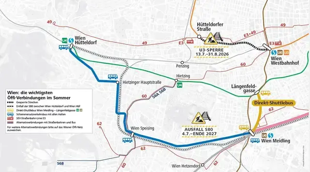 Die erste Phase der Bauarbeiten startet ab Samstag, 4. Juli. Bis zum 6. September wird im Bereich Wien Hauptbahnhof bis Wien Hütteldorf gearbeitet. | Foto: ÖBB