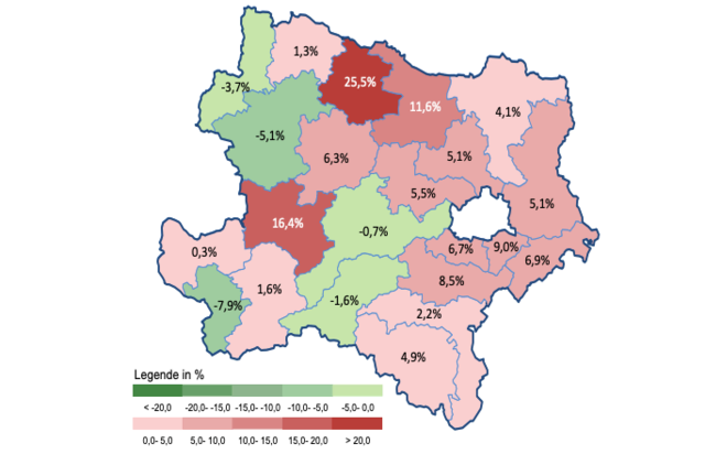 Veränderung der Arbeitslosigkeit in den niederösterreichischen Arbeitsmarktbezirken Juni 2026  (im Vergleich zum Vorjahr). | Foto: Arbeitsmarktservice Niederösterreich