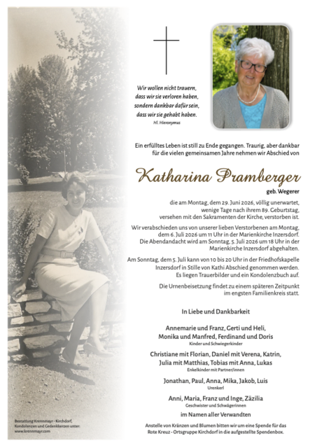 Katharina Pramberger ✝︎ 29.06.2026 | Foto: Bestattung Krennmayr