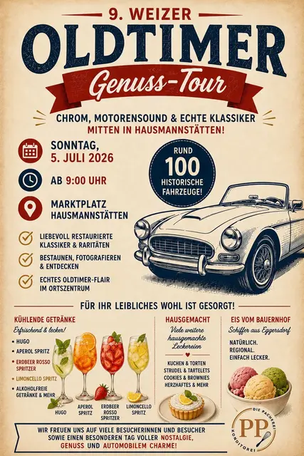 Den Imbiss am 2. Tag der Tour gibt es in DiePacherei am Hauptplatz Hausmannstätten für die Teilnehmerinnen und Teilnehmer und natürlich auch die Möglichkeit zum Zwischenstopp für alle Besucherinnenn und Besucher die sich die Klassiker anschauen.