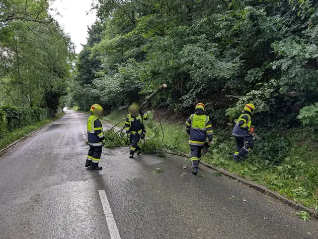 In der Poganzer Straße und in der Glangasse im Bereich des Therapiezentrums stürzten Bäume über die Straßen und mussten mit Kettensägen entfernt werden. | Foto: Fire Veiter - FF St.Veit/Glan