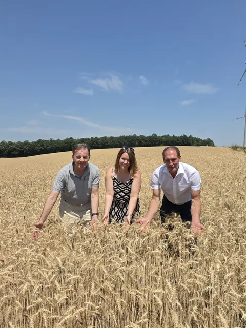 LK Burgenland-Präsident und Vizepräsident des EU-Bauernverbands (COPA), Nikolaus Berlakovich, Acker- und Weinbäuerin Lisa Kölly-Pfneisl und LK Österreich-Präsident Josef Moosbrugger (rechts) heute bei der Erntepressefahrt in einem Weizenfeld im burgenländischen Deutschkreutz. | Foto: LKÖ/Jung-Leithner