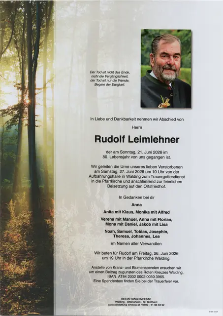 Rudolf Leimlehner aus Walding, ✝︎ 79 Jahre | Foto: Bestattung Smrekar
