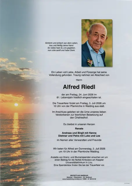 Alfred Riedl aus Walding, ✝︎ 80 Jahre  | Foto: Bestattung Smrekar