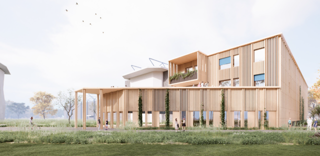 So könnte das kommende Funktionsgebäude in der Erzherzog-Karl-Straße 108 aussehen. Eine Visualisierung zeigt, dass das neue Gebäude an der Westseite der Kletterhalle anschließen wird. | Foto: Visualisierung: Schluder Architekten