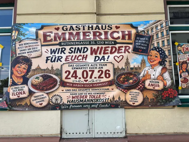 Das Gasthaus Emerich kehrt zurück. Das doppelte M auf dem Plakat sei laut Vertretern des Lokals ein Rechtschreibfehler.  | Foto: Fabian Franz/MeinBezirk