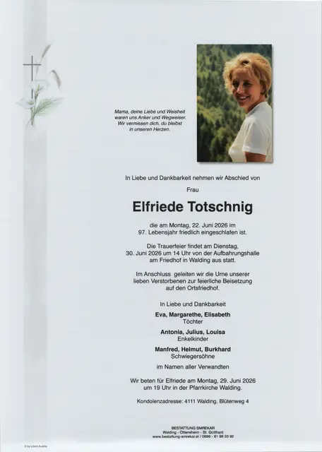 Elfriede Totschnig aus Walding, ✝︎ 96 Jahre  | Foto: Bestattung Smrekar